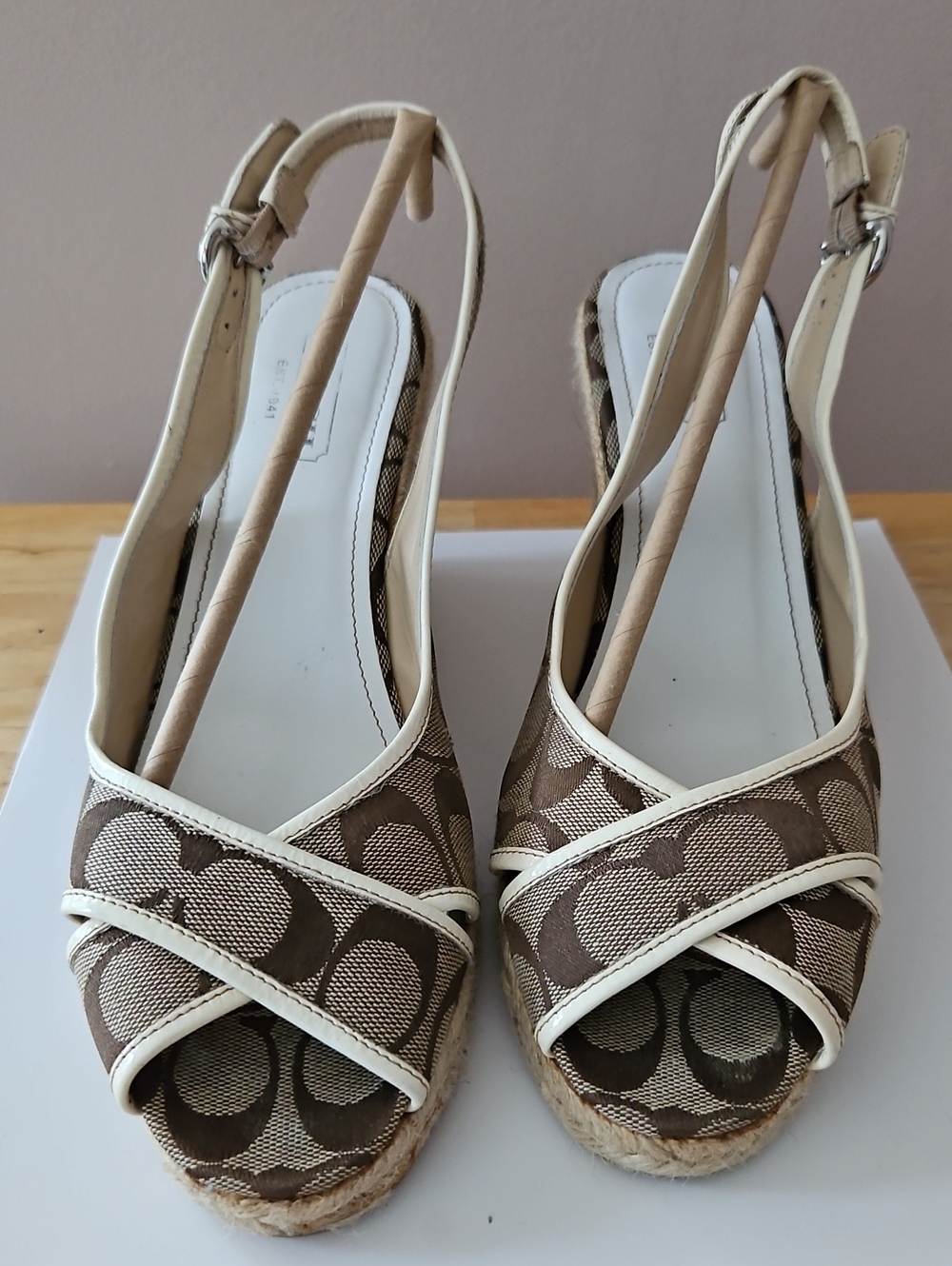 Coach Beige Canvas Kara Espadrille Slingback Wedges 10B Signature